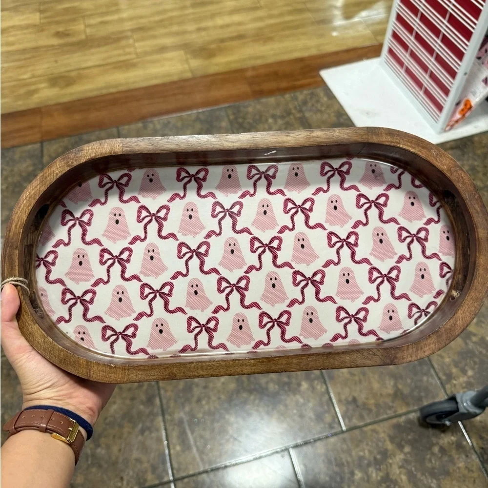 Made in India Wooden HALLOWEEN PINK GHOST & BOWS TRAYS
